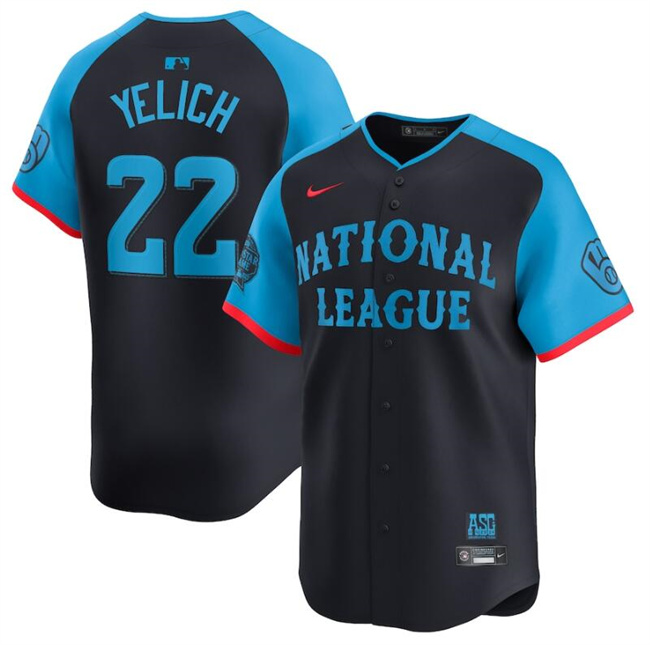 Men's National League #22 Christian Yelich Navy 2024 All-Star Limited Stitched Baseball Jersey Men's National League #22 Christian Yelich Navy 2024 All-Star Limited Stitched Baseball Jersey